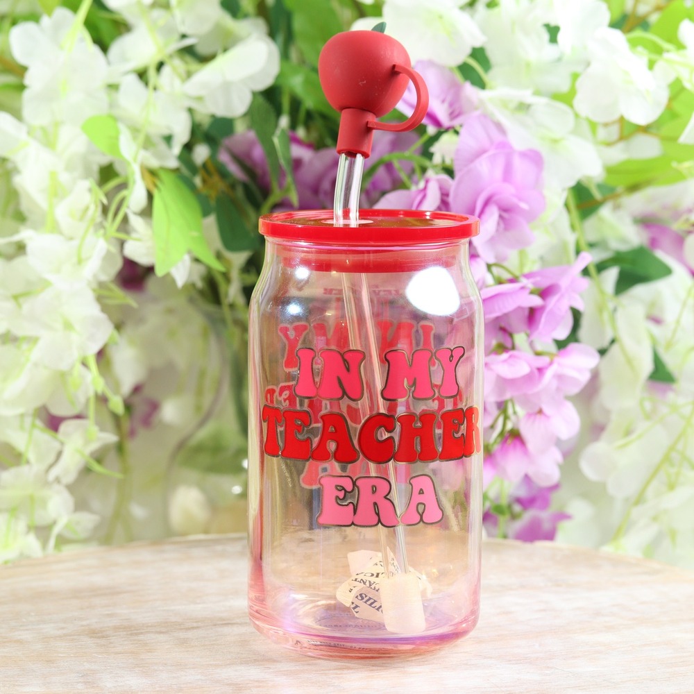 Sheffield Home In My Teacher Era Glass Can Tumbler with Apple Straw Topper Red